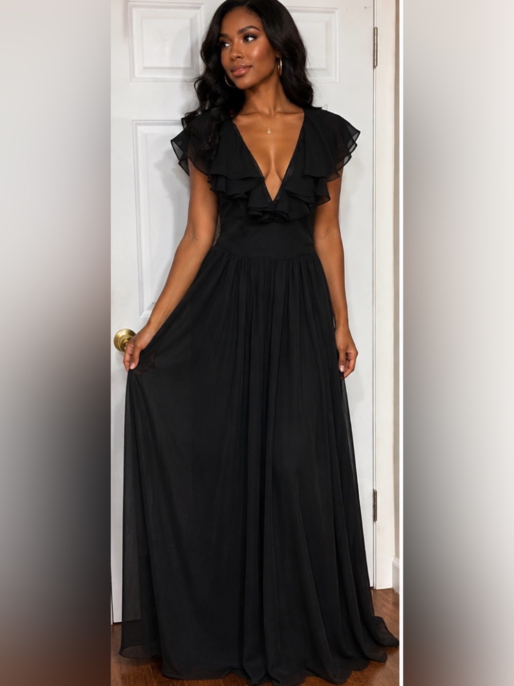 Jill Stuart Black Ruffled Deep V Maxi Dress